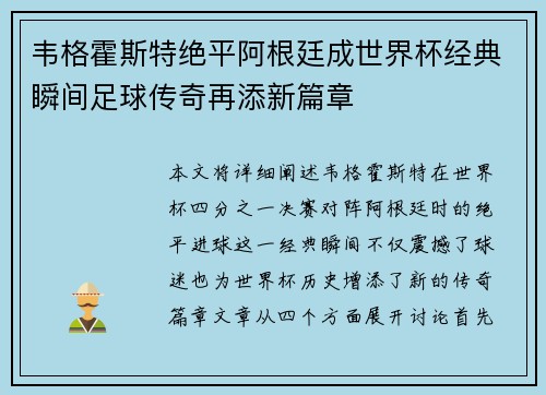 韦格霍斯特绝平阿根廷成世界杯经典瞬间足球传奇再添新篇章